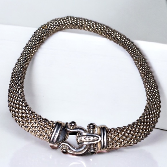 Vintage Jewelry - Vintage Silver Tone Mesh Rhinestone Collar Buckle Belt Clasp Necklace